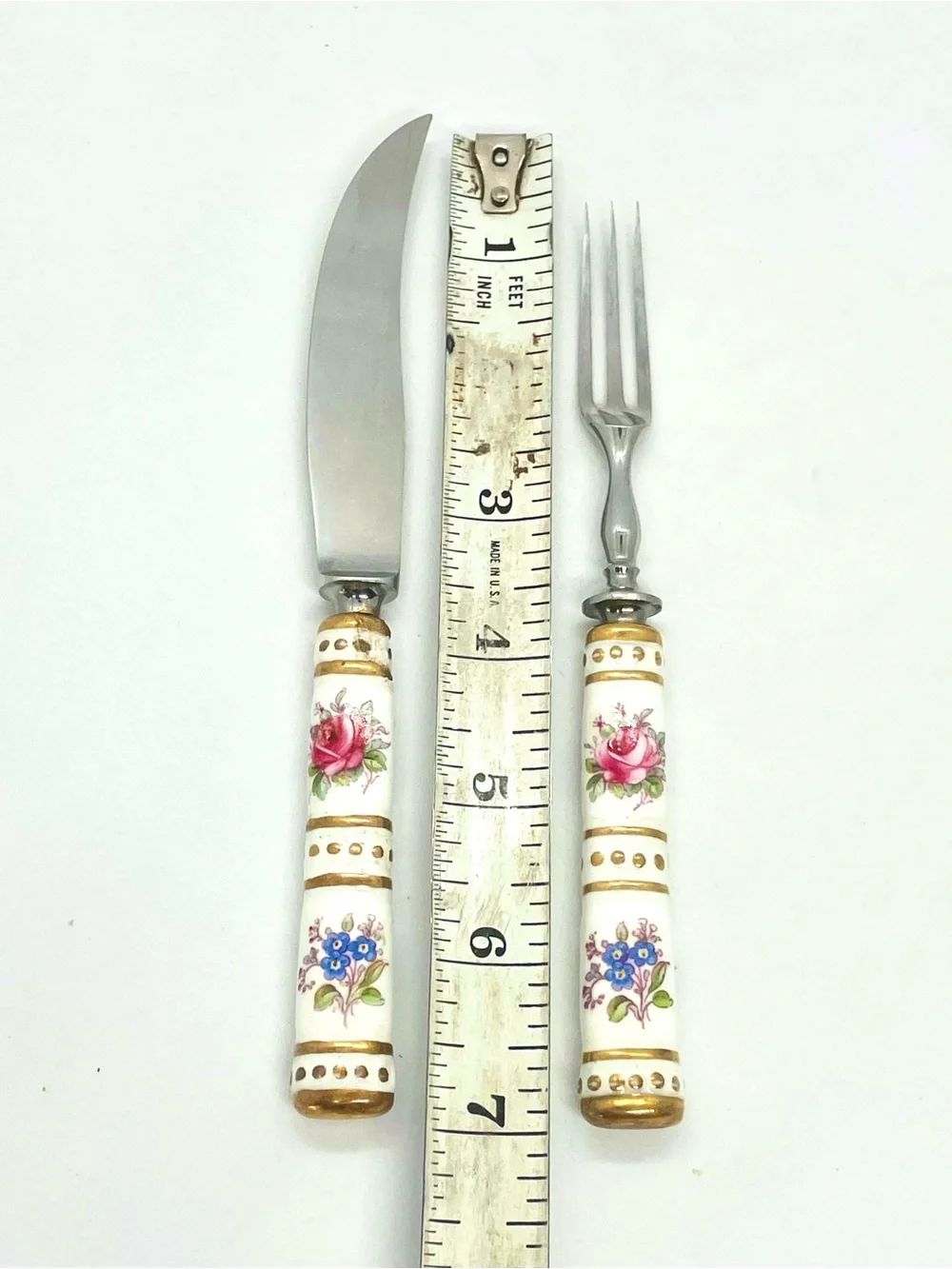 ⁠Royal Crown Derby Posies Fruit Knife Fork Set Gold Accents Porcelain Handle VTG